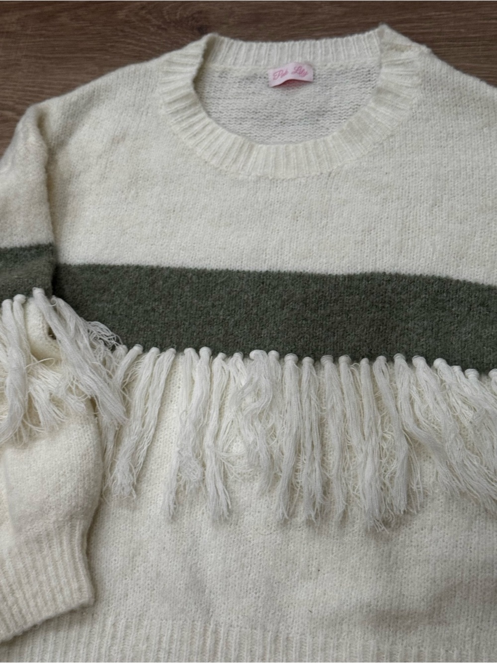 Pink Lily Fringe Sweater Ivory Olive Green Striped Boho Crewneck - Picture 3 of 6